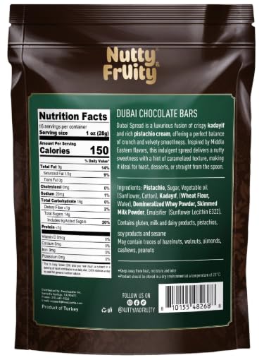 Nutty and Fruity 16 oz (454gr) Nutty & FrUity Dubai Chocolate Bars, Milk Chocolate with Pistachio, Individually