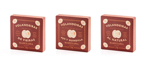 Maruxaina. Scallops sampler. Three recipes. Pack of 3 tins. 110g (3.88oz) each.