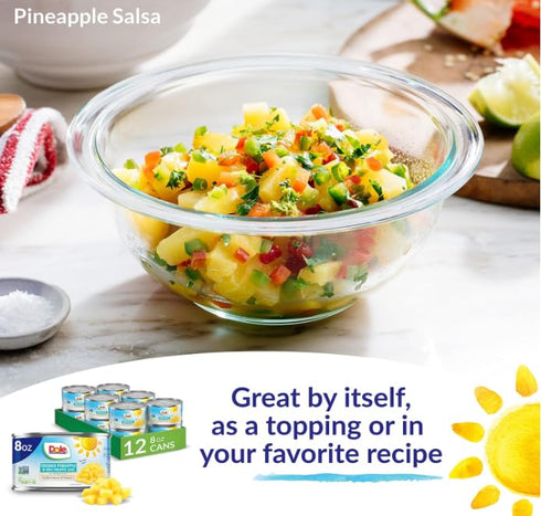 100% 8 oz 12 Pack Dole Crushed Pineapple in Pineapple Juice with No Sugar Added - Dole Canned Fruit - Cans