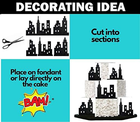 Scenic Theme Stick On/Lay On Cake Border Decoration Toppers - Super Hero Lighted City Backdrop