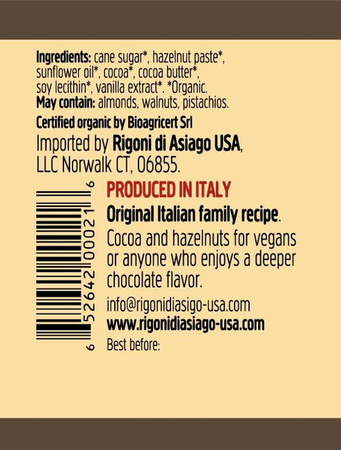 9.52 oz Rigoni di Asiago Spread Hazelnut and Cocoa Dairy free Organic