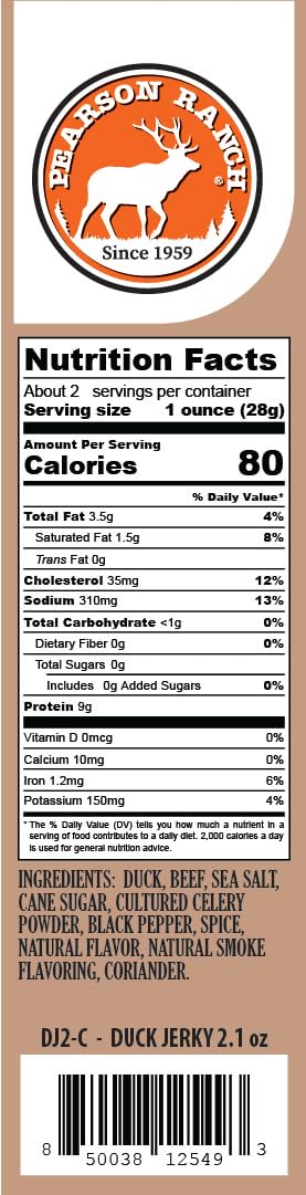 Pack 2 PEARSON RANCH Duck Jerky of Exotic Meat Jerky, Gluten-Free, Low-Carb, MSG-Free, High-Protein Grass-Fed, Paleo