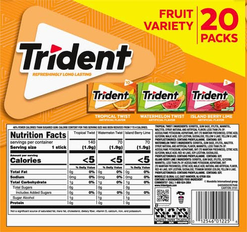 280 (20 Packs -14 Trident Sugar Free Gum Fruit Variety Total Sticks Sticks)