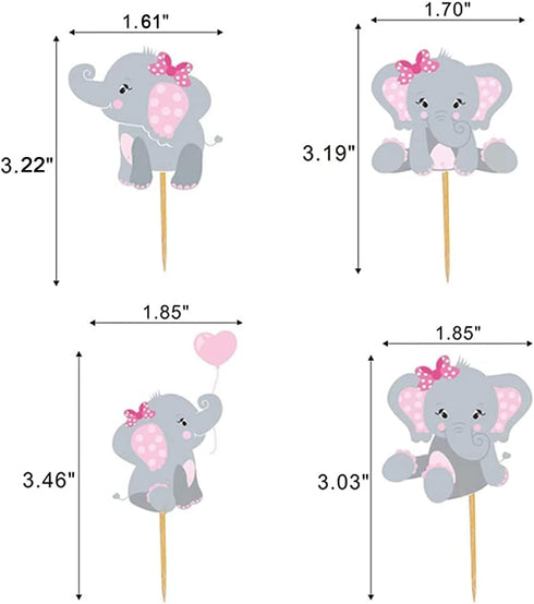 48pcs Pink Elephant Cupcake Toppers, Double Sided Picks for It's A Girl Cake Decorations for Birthday Baby Shower