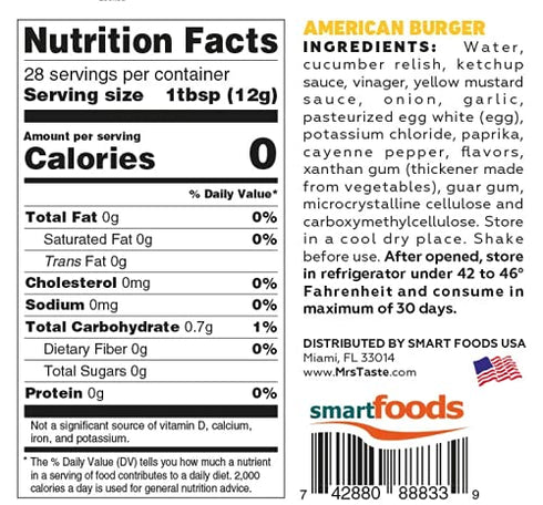 Mrs Taste Sugar Free American Burger, Zero Calories, Zero Sodium, Zero Sugar, High Fiber, Keto Friendly, Paleo Friendly, Condiments and Sauces (11 oz, American Burger)