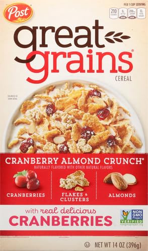 Great Grains 14 OZ (Pack 3) Cranberry Almond Crunch Cereal, Cereal with Dried Cranberries and Almonds, Non-GMO Project