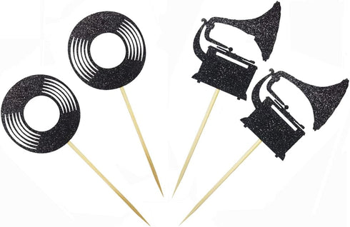 Morndew 24 PCS Vinyl Record Phonograph Cupcake Toppers for Nostalgic Dancing Ball Music Theme Party Decorations
