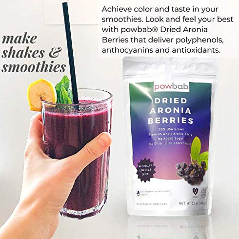 powbab Dried Aronia Berries, 100% USA Grown Organic Chokeberry, No Added Sugar, Whole Black Chokeberry (6.5 oz)