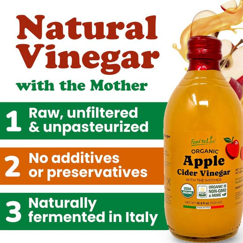 500 ml (Pack 6) Food To Live Organic Apple Cider Vinegar, Raw Italian Natural Vinegar with the Mother, Unfiltered