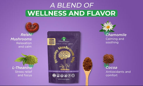 Dreamy Hot Cocoa Blend Mix Organic Mushroom Coffee with Reishi, L-Theanine, Chamomile & Adaptogens, Organic, Non-GMO