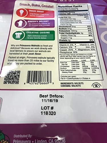 Primavera 1lb 100% Walnuts Halves and Pieces - Raw Unsalted Walnuts California Grown