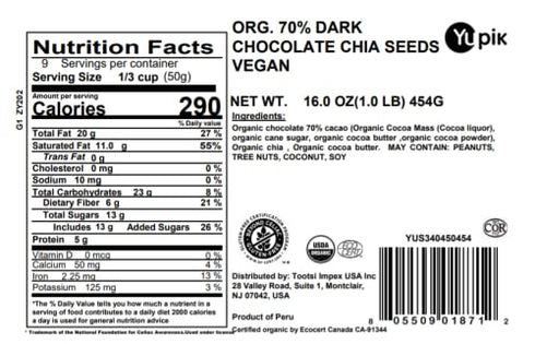 70% 1 lb (16 oz), Yupik Organic Dark Chocolate Covered Chia Seeds, Cacao, Gluten-Free, GMO-Free, Kosher, Vegan, Chia