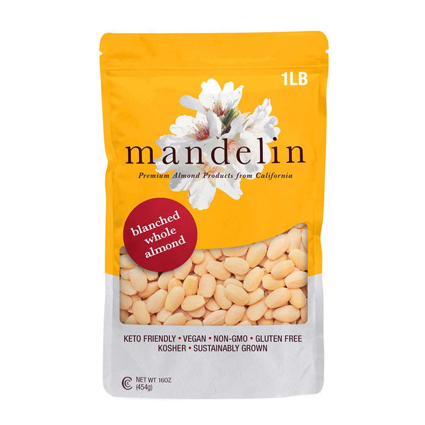 MANDELIN CALIFORNIA ALMONDS AND ALMOND PASTES Mandelin Blanched Whole Almonds, 100% Almonds (1 lb), Non-GMO, Gluten Free, Vegan,