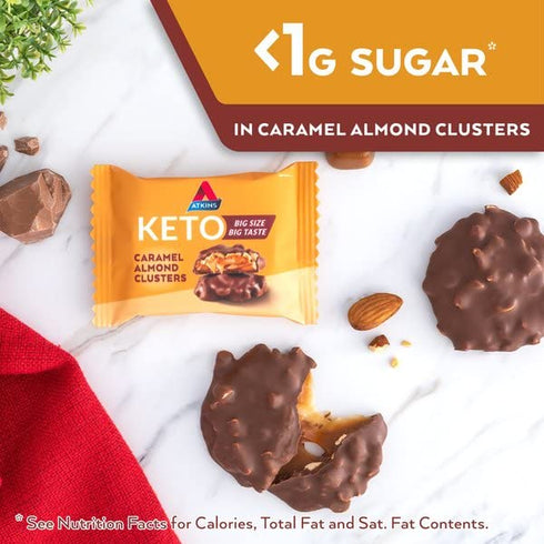 1g 2g 20 Count Atkins Caramel Almond Clusters, Gluten Free, High in Fiber, Sugar, Net Carb, Keto Friendly