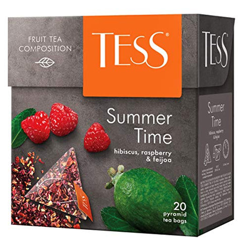 Tess Summer Time Fruit Tea Composition, Hibiscus, Raspberry and Feijoa Leaf Tea in 20 Pyramid Sachets