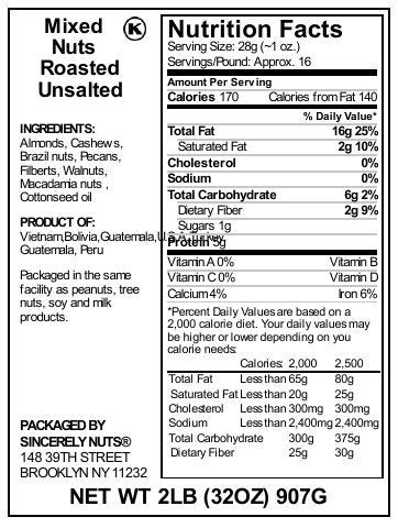 (2 LB) Sincerely Nuts Roasted & Unsalted Mixed Nuts Almonds, Cashews, Brazil Nuts, Hazelnuts & Pecans - Vegan, Kosher