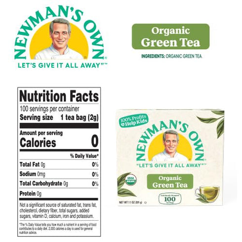 100 (Pack 2) Newman's Own Organic Green Tea with Individually Wrapped Tea Bags Per Box of USDA Certified Contains