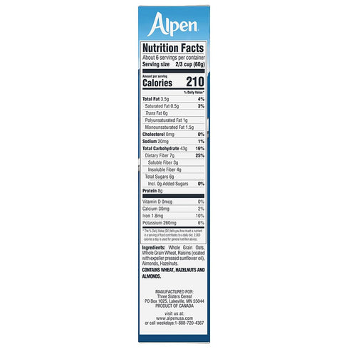 Alpen 14 OZ (Pack 1) Muesli No Sugar Added Cereal, Heart Healthy Cereal with Wheat Flakes, Rolled Oats, Nuts