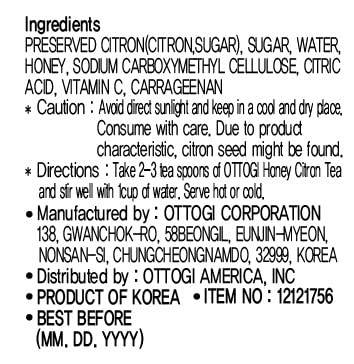 Ottogi 35oz, Honey Citron Tea Delicious Natural Soothing Korean Tea, No Trans fat, Cholesterol Caffeine Free