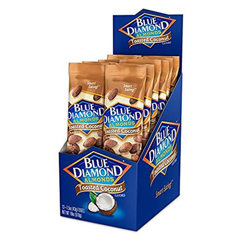 (1.5 Oz. Pack 12) Blue Diamond Almonds, Toasted Coconut Flavored Snack Nuts, Single Serve Bags Tubes