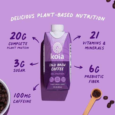 20g 3g 6g 21 11 Oz (Pack 12) Koia Plant Based Protein Shake, Cold Brew Coffee, Protein, Sugar, Prebiotic Fiber