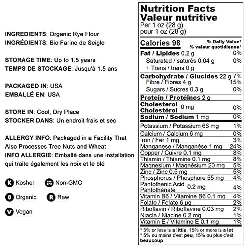 12 Food to Live Organic White Rye Flour, Ounces - Non-GMO, Unbleached, Light, Medium Protein, Vegan, Kosher, Finely