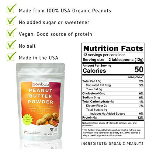 100% (5.5 Oz) powbab Peanut Butter Powder from USA Grown Organic Peanuts. No Added Sugar, Low Fat, Keto Peanut Butter
