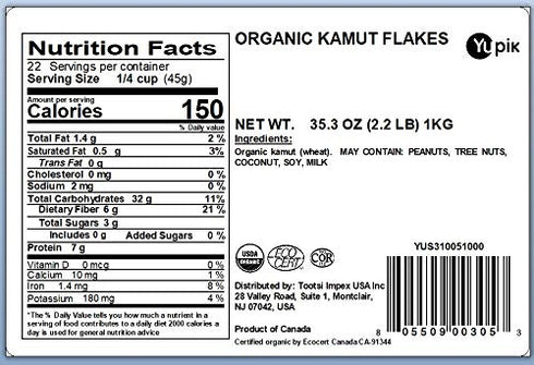 2.2 lb (35.2 oz), Yupik Organic Kamut Flakes, Non-GMO, Kosher, Vegan, Made from Raw Whole Grains, Steamed, Rolled