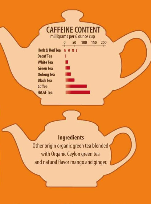 Brew La La Organic Green Tea - Ginger Mango Flavor, 50 Tea Bag Tin, Low Caffeine, USDA Certified Organic