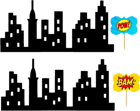 Scenic Theme Stick On/Lay On Cake Border Decoration Toppers - Super Hero Lighted City Backdrop