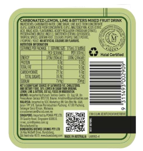 4-pk, 12.7 oz Bundaberg Lemon, Lime & Bitters, fl