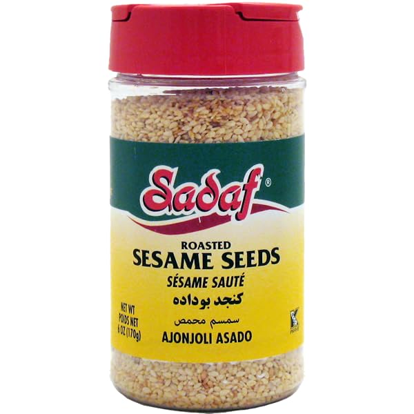 Sadaf Roasted Sesame Seeds - Sesame Seeds for Cooking and Food Flavoring - Spices & Seasonings - Semillas de Ajonjoli - Kosher - 6 Oz Bottle with Shaker Top