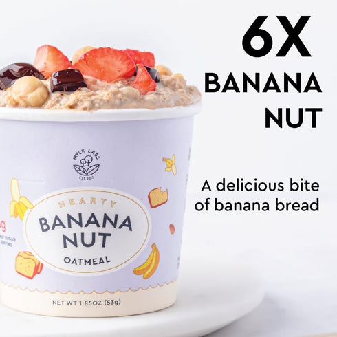 6 Pack Mylk Labs Banana Nut Protein Oatmeal Cups, Whole Grain, Low Sugar, High Fiber Breakfast with Low Sodium, Quick
