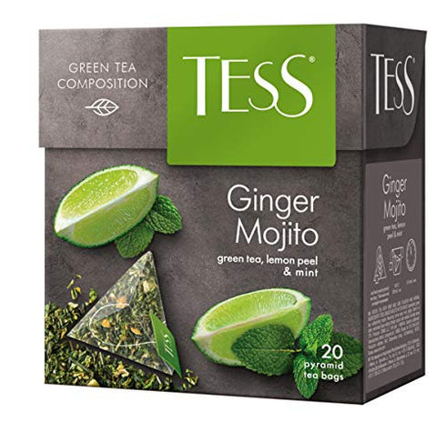 Tess Ginger Mojito Green Tea Composition - Lemon Peel and Mint Leaf Tea in 20 Pyramid Sachets