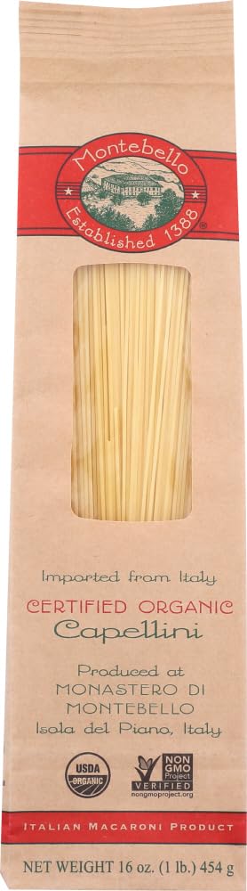 Montebello Organic Pasta, Capellini, 16-Ounce Bag (Pack of 5) by Montebello