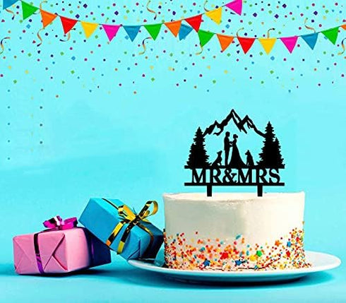 YzYbuaego Mountain Wedding Cake Topper, Mr & Mrs Cake Decorations for Forest Theme Outdoors Wedding