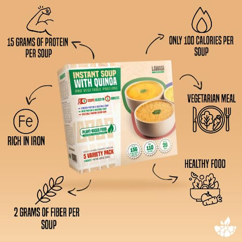 5 Packets, 3 15g 2g 100 Lawasi Instant Healthy Soup Quinoa & Vegetable Protein Flavors Protein, Fiber, Calories