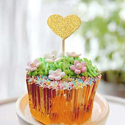 WARMBUY 50 Pack Gold Glitter Cupcake Toppers with Sticks for Baby Bridal Shower Birthday Party (Heart)