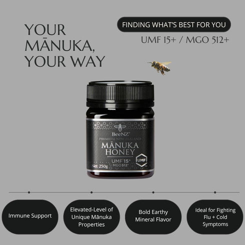15+ 514+), Immune 8.8 oz/250g BeeNZ Raw Manuka Honey, Certified UMF (MGO Pure New Zealand Monofloral Manuka, Natural