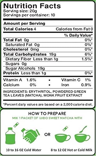 (20g 10 packets) Ujido Matcha Green Tea Powder - Sweetened with Japanese Monk Fruit - Sugar Free x