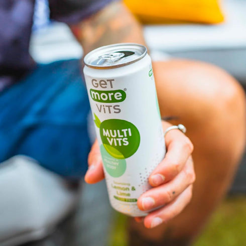 Get More 12 330ml 100% Vits Multivitamin Sparkling Spring Water Lemon & Lime, x Cans Sugar-Free, Low Calorie Vitamin