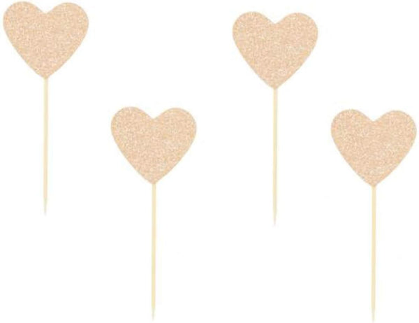 24 Pack Glitter Rose Gold Heart Cupcake Toppers
