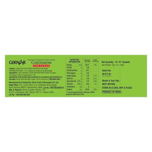 Girnar Instant Chai/Tea Premix With Cardamom Unsweetened, 10 Sachet Pack