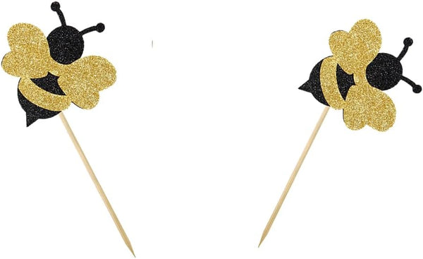 Morndew 24 PCS Glitter Bumble Bee Cupcake Toppers - Honeybee Theme Party Decorations for Baby Shower Birthday