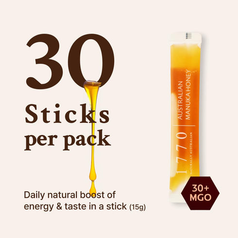 1770 30+ 30 15g, Naturally Australian MGO Manuka Honey Sticks x Organic Honey for Tea, Yogurt, & Travel Snacks