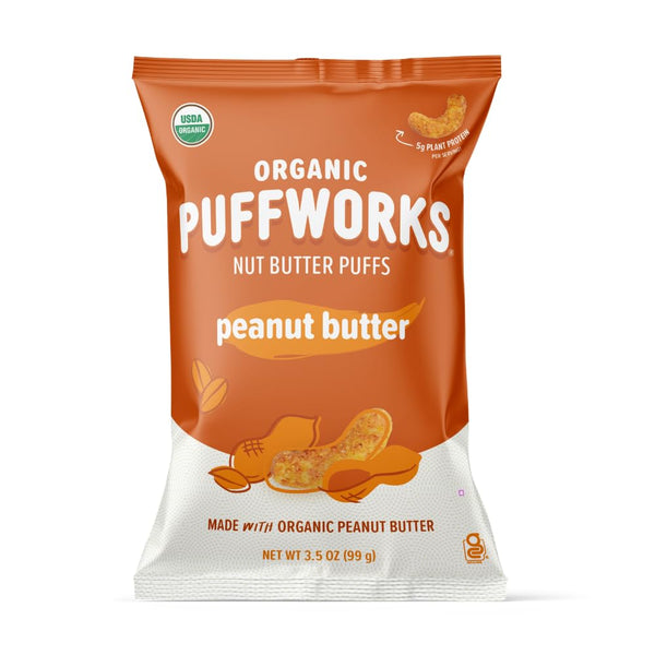 Puffworks Original Organic Peanut Butter Puffs, Plant-Based Protein Snack, No Added Sugar,