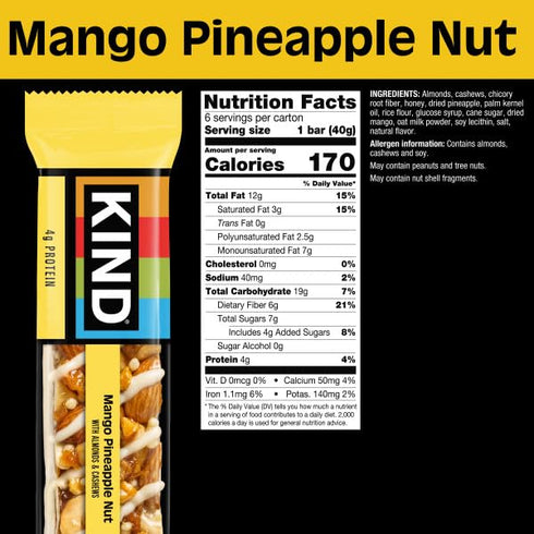 4g 6 Count KIND Healthy Snacks Bars, Mango Pineapple Nut, Gluten Free, High Fiber Snacks, Protein