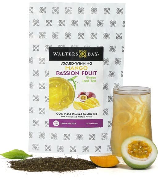 Walters Bay Mango Passion Fruit Green Iced Tea - 12 Quart Sized Tea Bags, Unsweetened Tropical Flavored Ceylon Tea