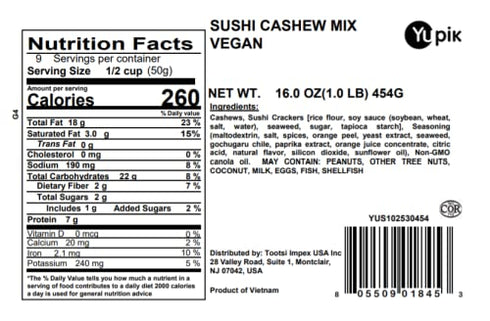 1 lb (16 oz), Yupik Sushi Cashew Mix, Non-GMO, Vegan, Crunchy Savory Snack with Rice Crackers, Dried Seaweed