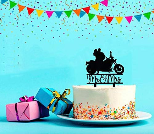 Motorcycle Cake Topper, Black Acrylic Bride & Groom, Funny Mr & Mrs Wedding Engagement Party Decor